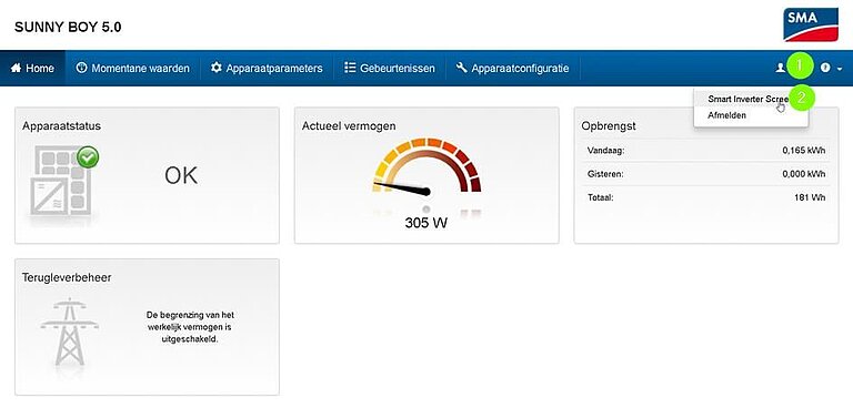 Inloggen in de omvormer en Smart Inverter Screen aanschakelen