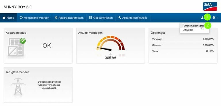 Inloggen in de omvormer en Smart Inverter Screen aanschakelen